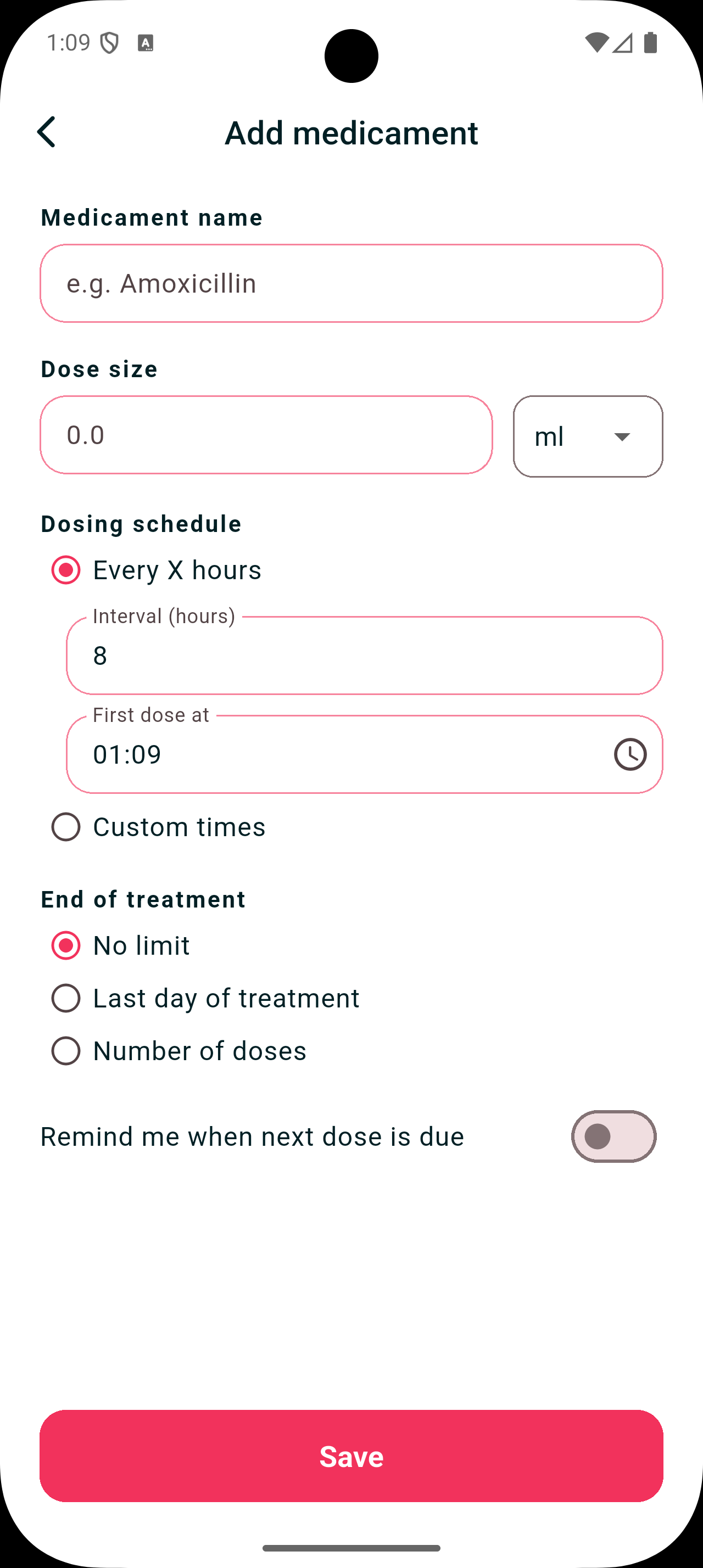 Add medicament screen